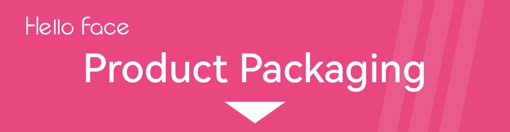 Hello Face logo on a pink background with the text "Product Packaging" and a downward-pointing arrow.