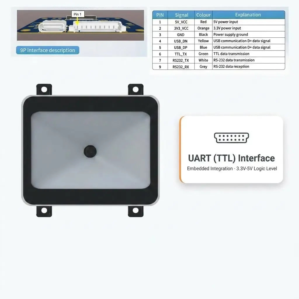 Barcode QR scanner module with UART (TTL) interface, compact black enclosure