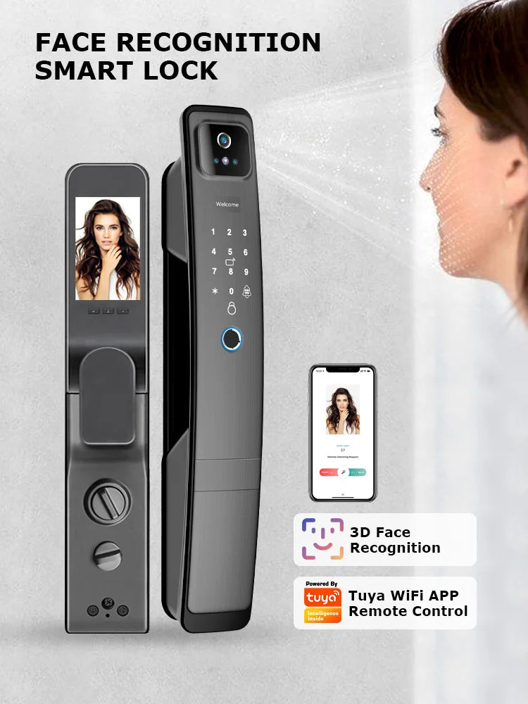 WiFi Tuya APP English/Russian/Spanish/Portuguese Voice Digital 3D Face Recognition Fingerprint Smart Door Lock