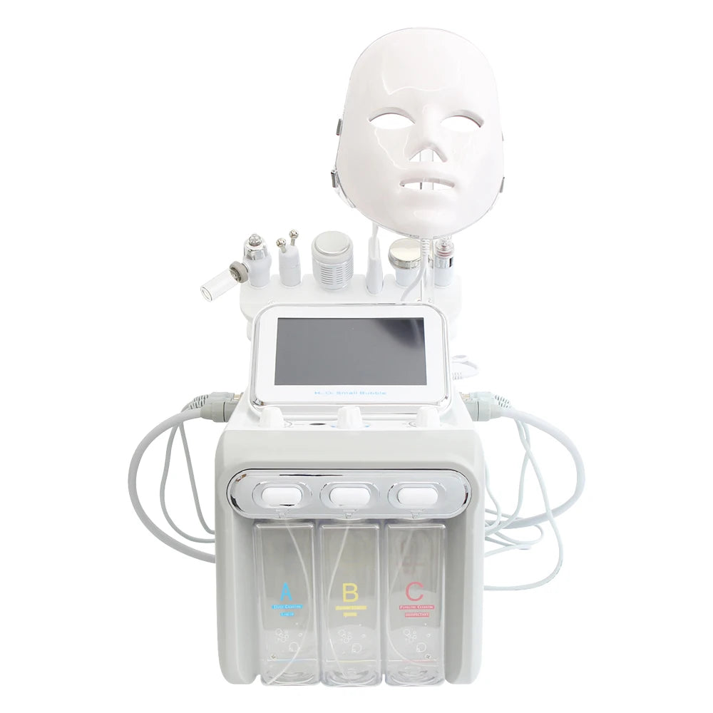 AOKO 7-in-1 white hydro dermabrasion facial machine with LED light therapy mask and liquid solution tanks for spa use.