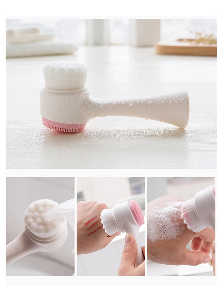 Double-sided facial cleansing brush with soft bristles and silicone exfoliating scrubber for deep pore cleaning.