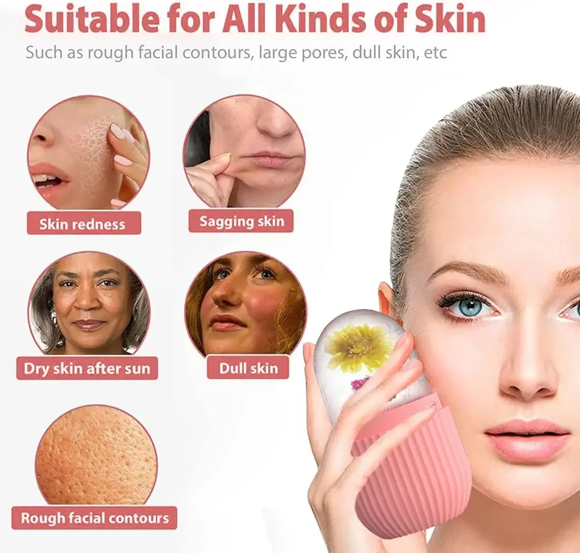 A pink silicone ice roller with a flower-infused ice mold, held against a cheek for facial skincare and cooling relief.