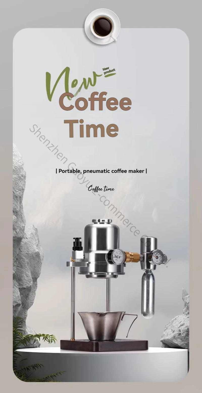 Stainless steel portable pneumatic coffee maker with pressure gauge on a wooden base for manual brewing.