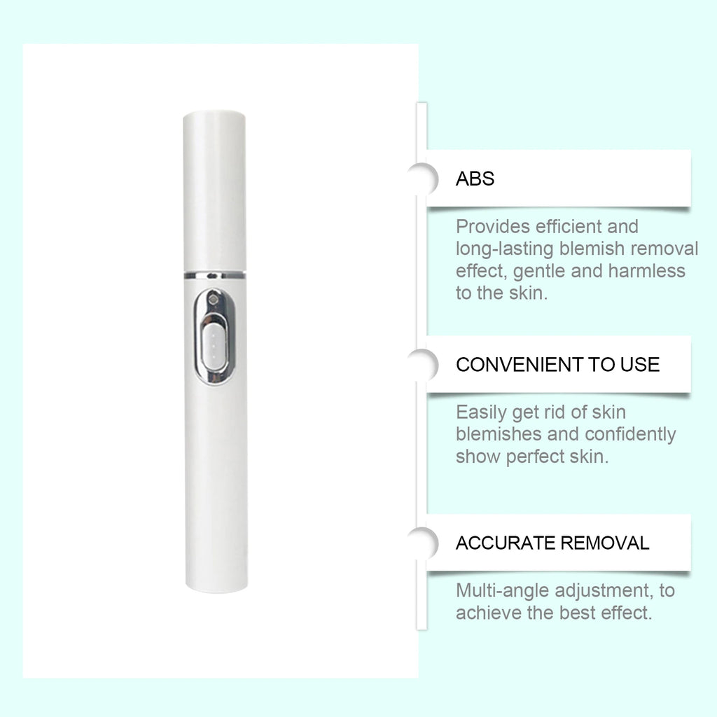 White, cylindrical facial blemish removal pen with a silver control button and text boxes explaining its features.