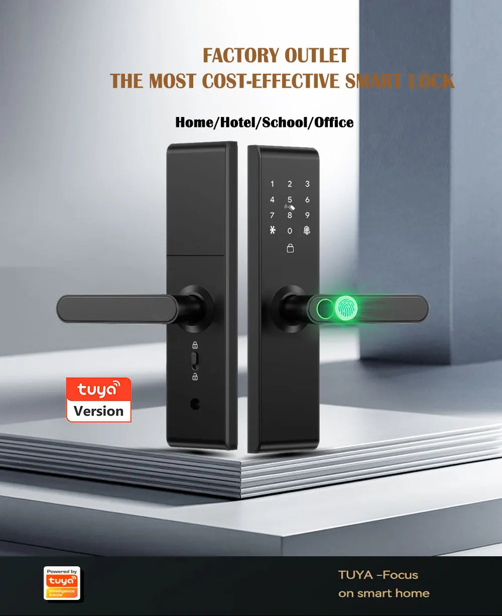 Keyless Tuya Bluetooth APP Digital Biometric Fingerprint Electric Smart Door Handle Key Card Lock with 5050 72 85 Mortise
