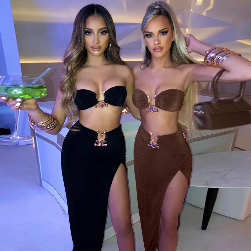 Velvet Sexy Strapless Crop Tube Top High Waist Slit Maxi Dress 2 Pcs Suits 2024 Fall Women Fashion Streetwear Vestido