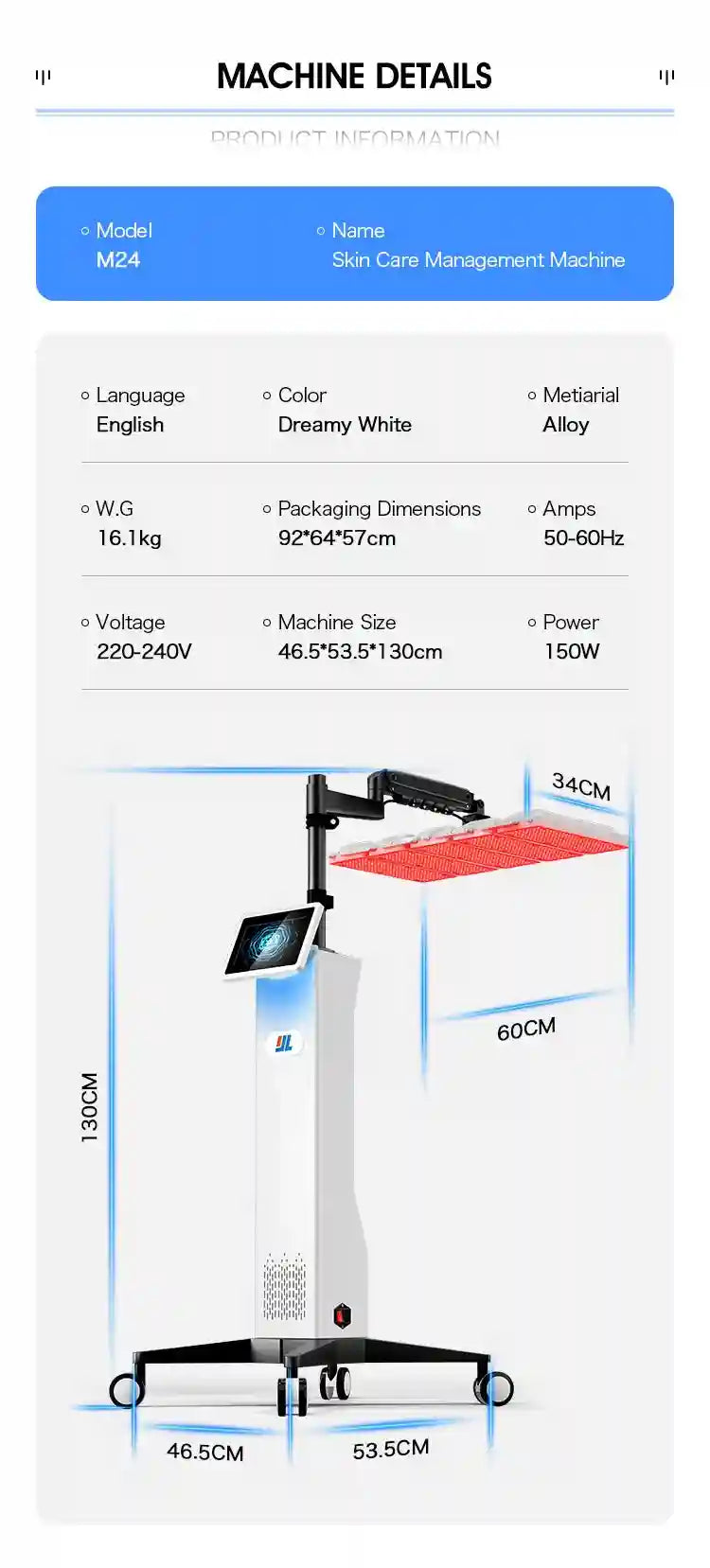 White 7-color LED light therapy machine for anti-aging skin care with professional stand and touch screen display.