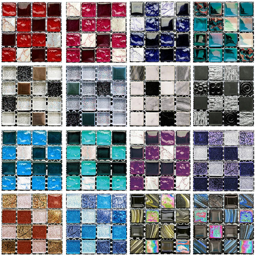 Mosaic tile sticker sheets with glossy square tiles in mixed colors, peel-and-stick