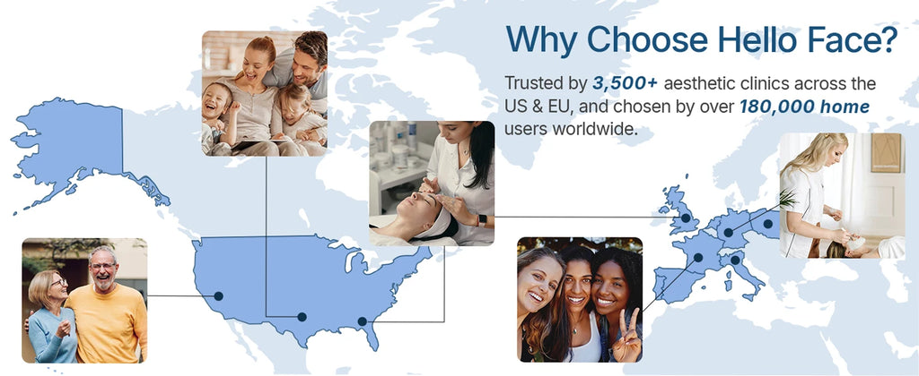 Hello Face global distribution map featuring photos of diverse people and professional skincare treatments.