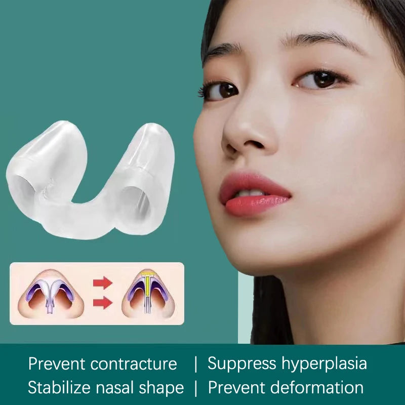 Clear silicone nose shaper and nostril support clip for postoperative rhinoplasty and nasal deformation correction.