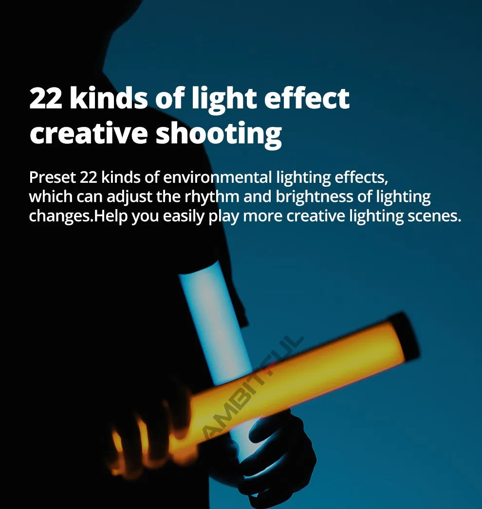 Handheld LED light stick for photography, emitting adjustable color effects for creative lighting scenes.