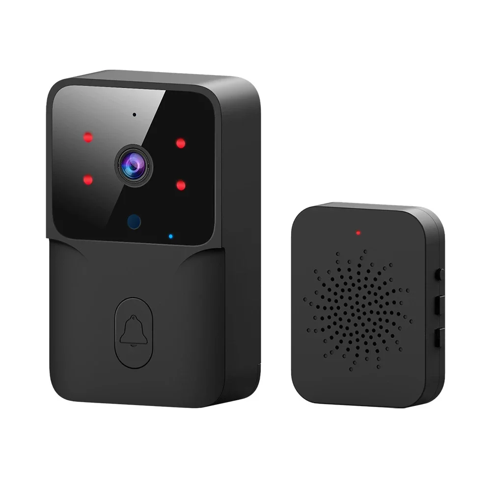 Black smart video doorbell camera front and back panels with lens and speaker grille