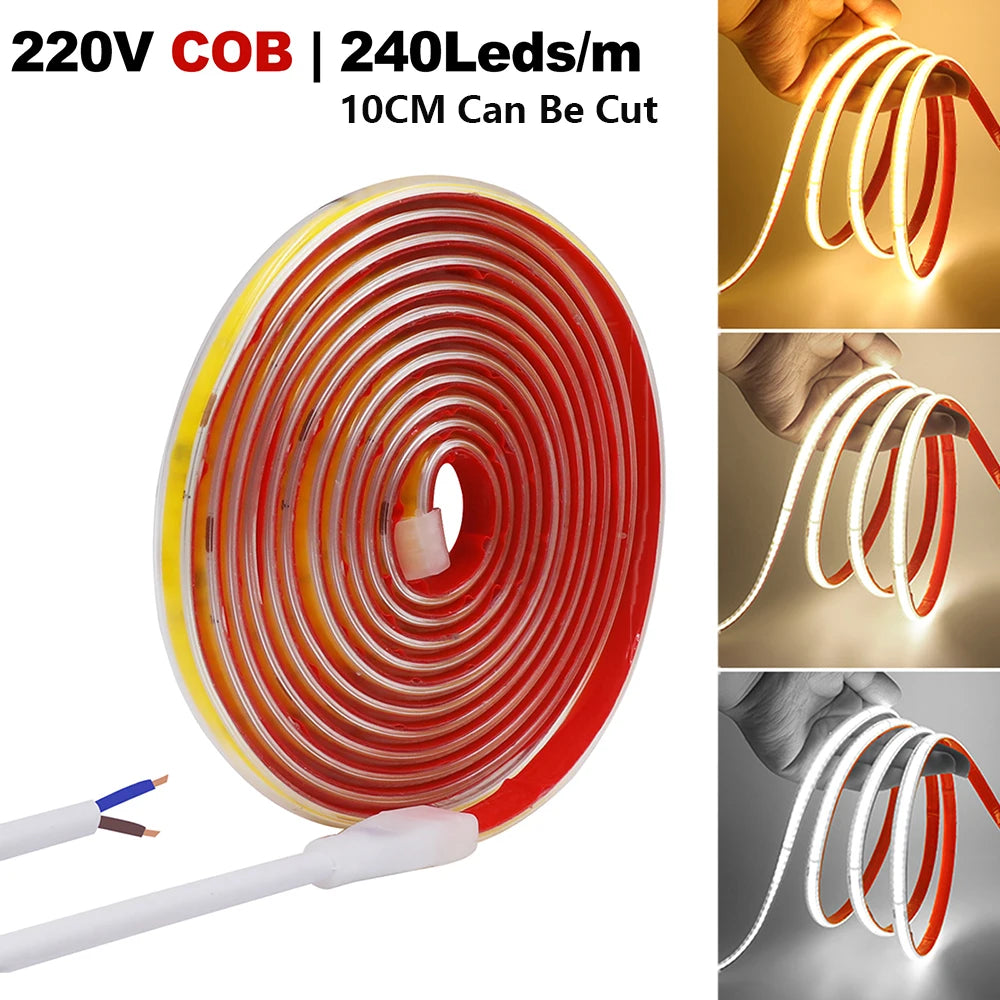 220V RA90 COB LED Strip Light Bright Waterproof Driver Build In 10cm Can Be Cut 240LEDs/M Flexible Adhesive Tape Home Decoration