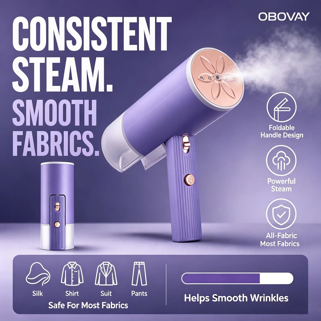 Obovay garment steamer in purple with a rose gold nozzle, releasing powerful steam for clothes.