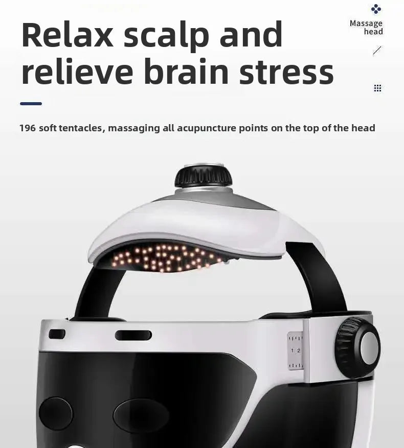White integrated head and eye massager helmet with 196 soft massage tentacles for scalp and stress relief therapy.