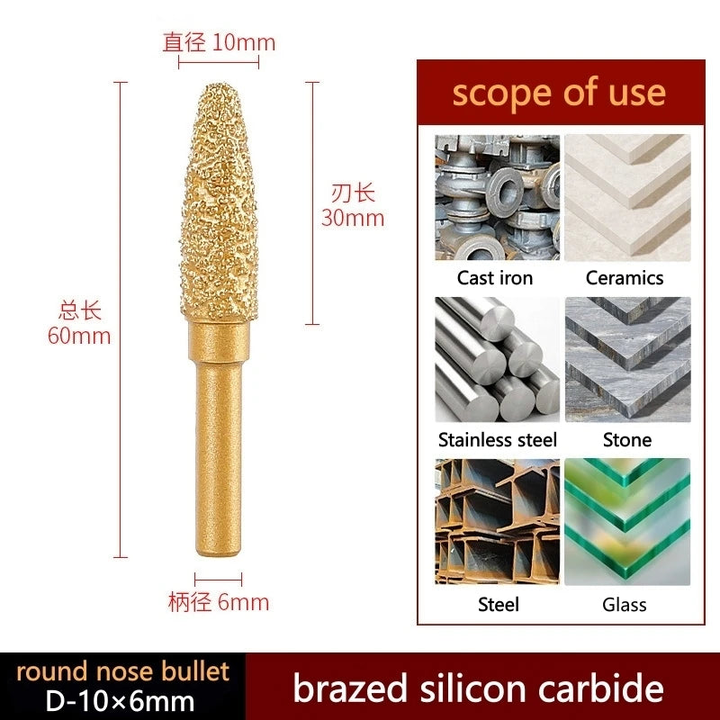 Brazed silicon carbide grinding head, round-nose bullet cone on 6 mm shank; gold; 10 mm.