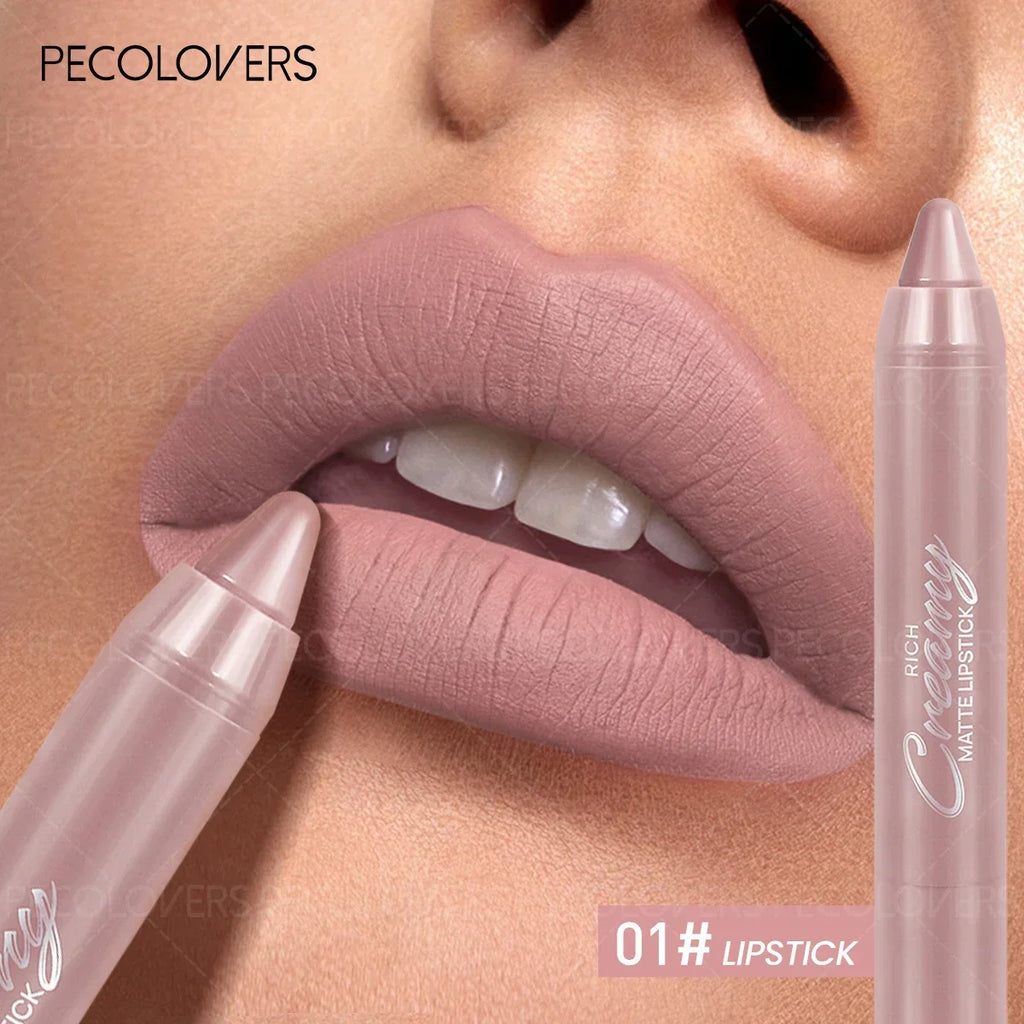 Creamy nude-pink soft matte lip crayon pencil being applied to lips for a smooth, moisturizing everyday makeup look.