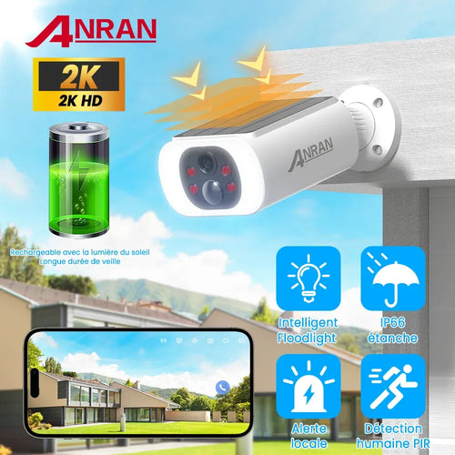ANRAN 2K solar security camera with spotlight, white outdoor housing and dual lenses