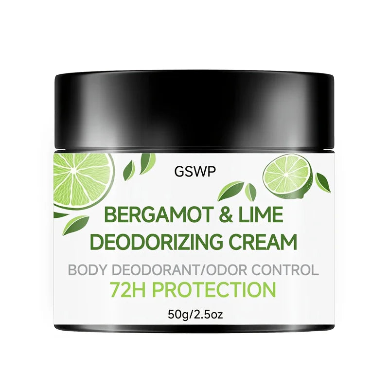 Tidesmit GSWP Bergamot & Lime Deodorant Cream for 72-hour all-over body odor control, 50g/100g container.