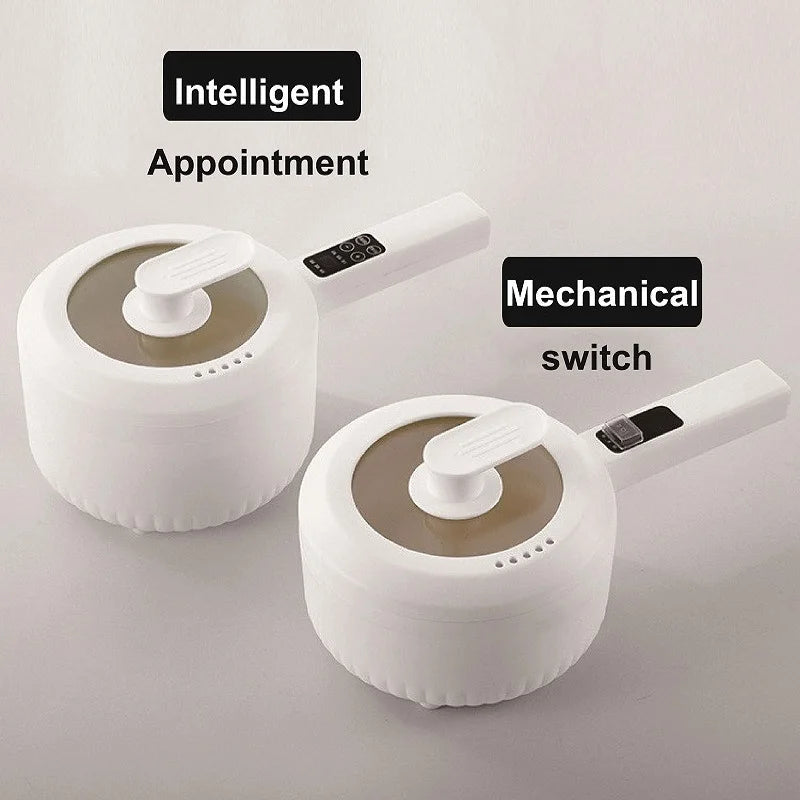Electric cooking pot set with lid knob and control switches on white base