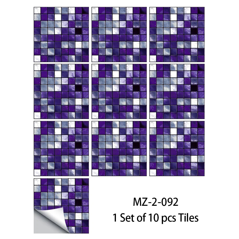 Mosaic tile sticker set with purple and white square tiles, peel-and-stick wall decals