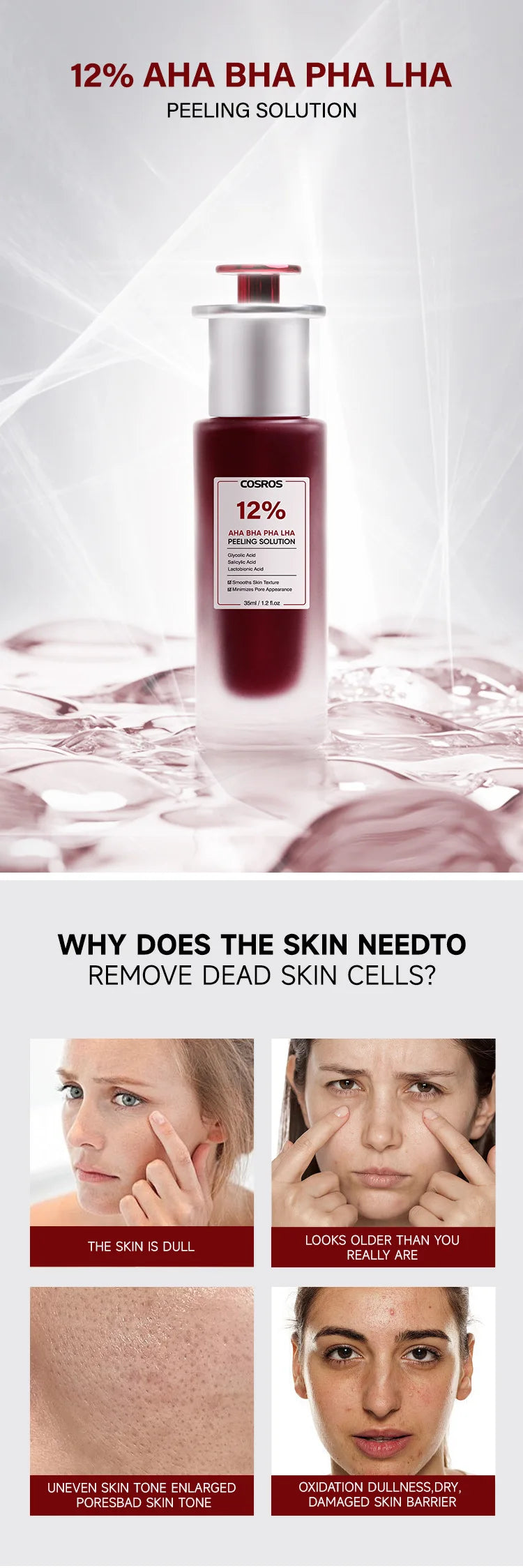 Cosros 12% AHA BHA PHA LHA peeling solution in a dark red bottle with a silver pump cap on a light, liquid background.