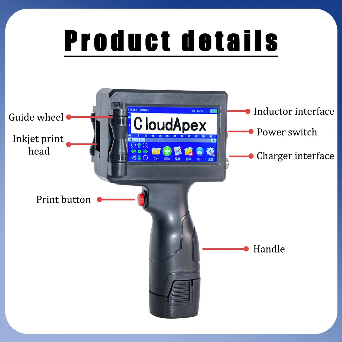 Handheld inkjet printer with labeled parts: inkjet head, power switch, and handle