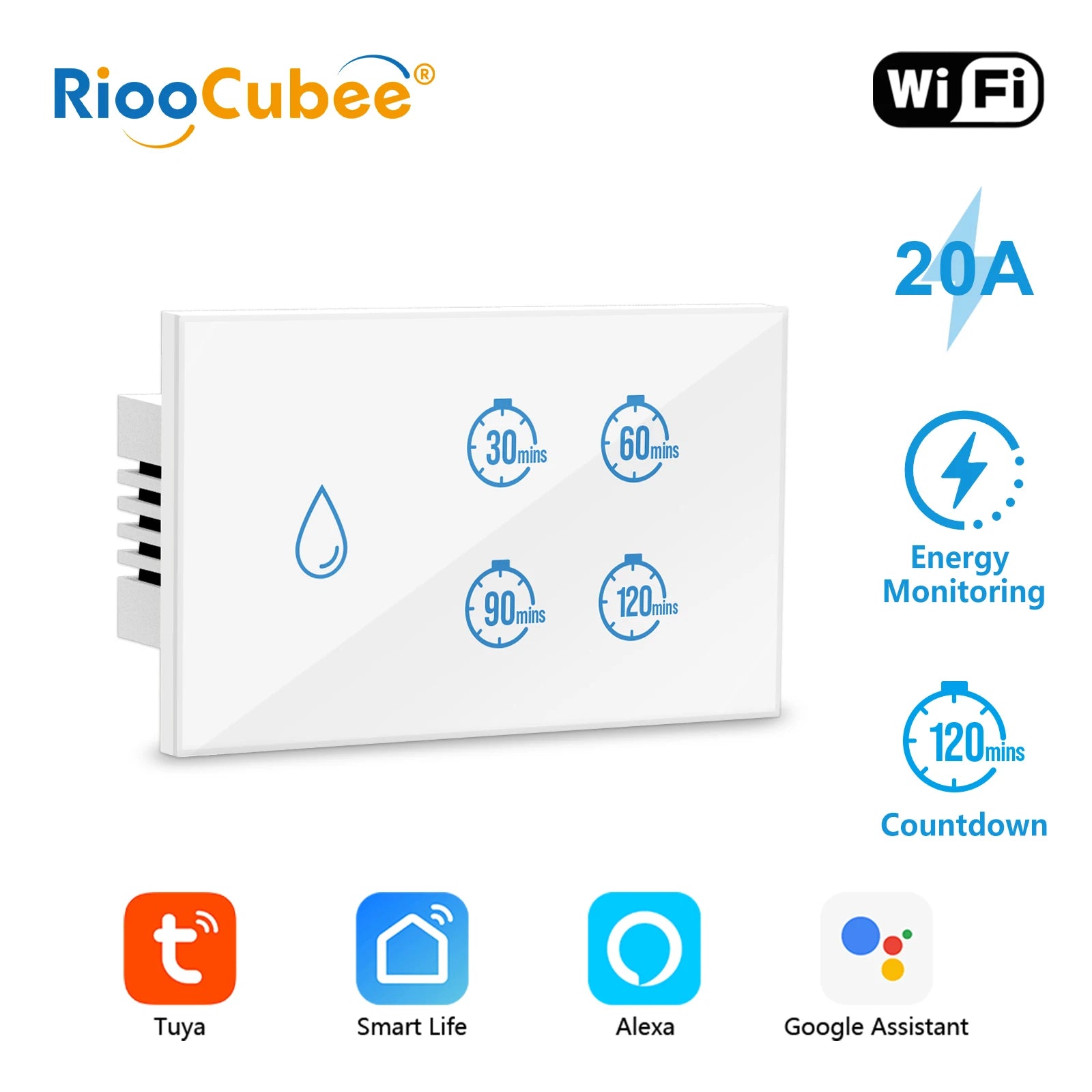 RiooCubee Tuya Smart Life 20A Boiler Water Heater Touch Panel Switch Countdown Remote Control Timer Google Assistant Alexa