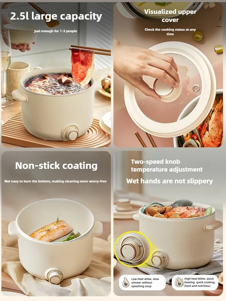 Cream electric 2.5L multi cooker with open lid, non-stick inner pot and side control knobs
