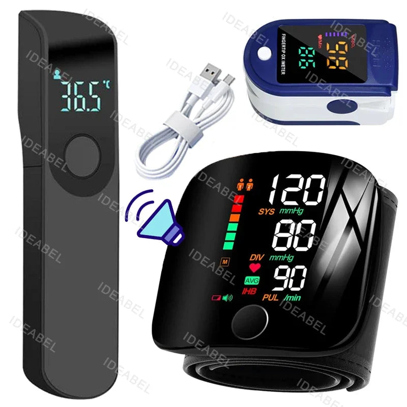 Wrist Blood Pressure Monitor LED Rechargeable English Voice Broadcast Tonometer BP Monitor Forehead Digital Thermometer