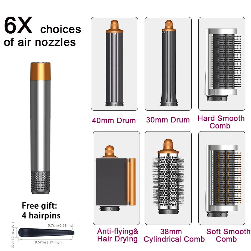 SenCiciMen 6-in-1 hot air brush set with gold/grey barrels, curling drums, styling combs, and dryer attachment.