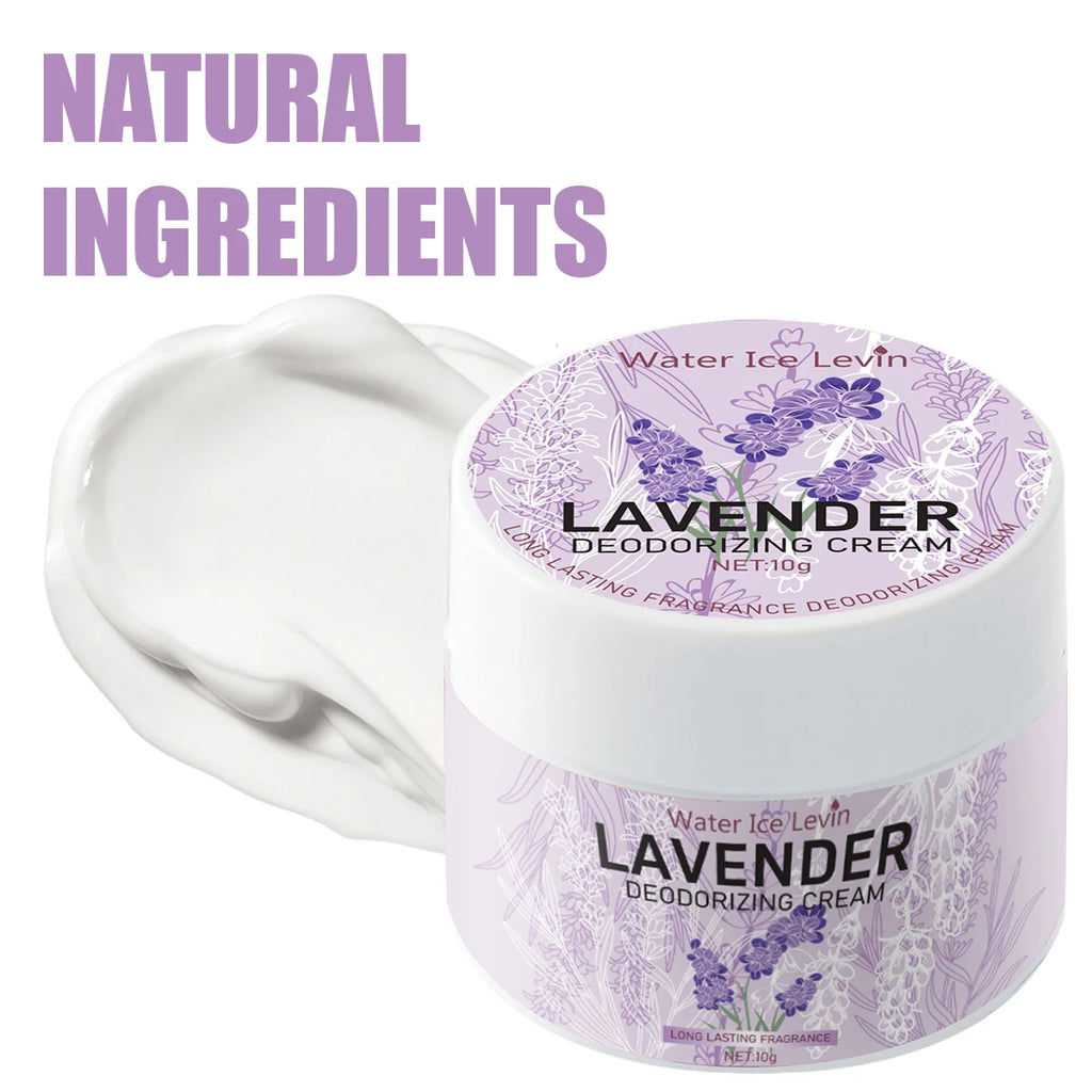 Lavender deodorizing cream with smooth white texture in a purple floral jar featuring natural ingredients label.