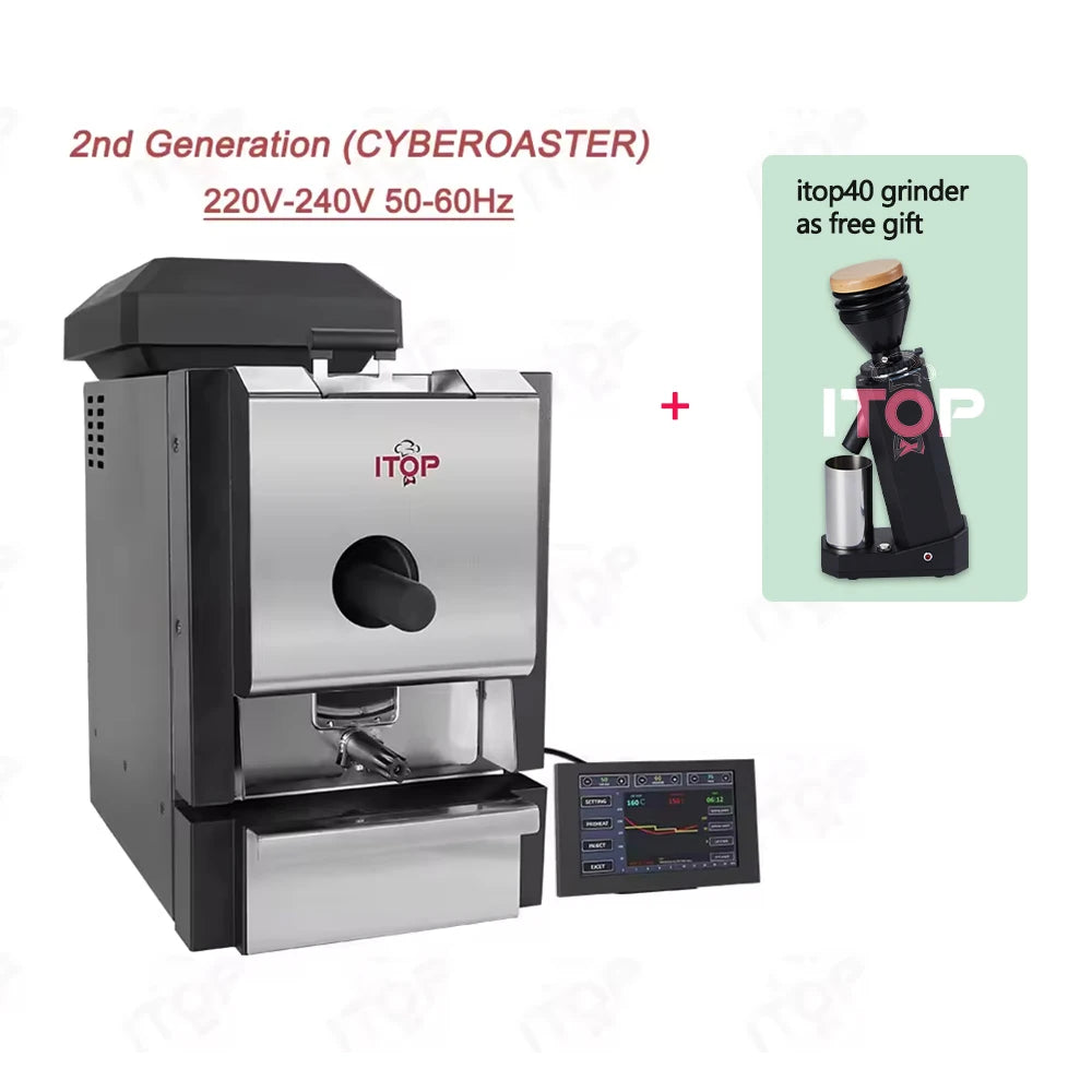 ITOP 2nd Gen Cyberoaster coffee roaster, stainless steel and black, with touch screen and free ITOP40 coffee grinder.