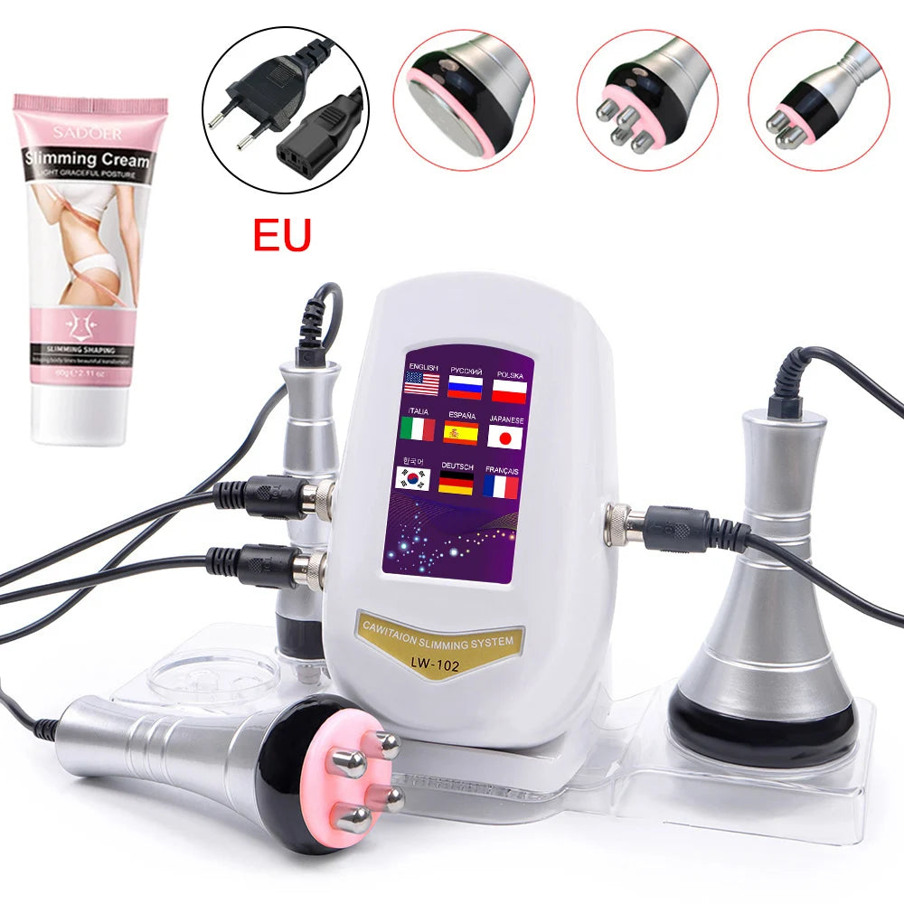 White 40k body slimming machine with various silver massage heads, power cord, and a tube of slimming cream.