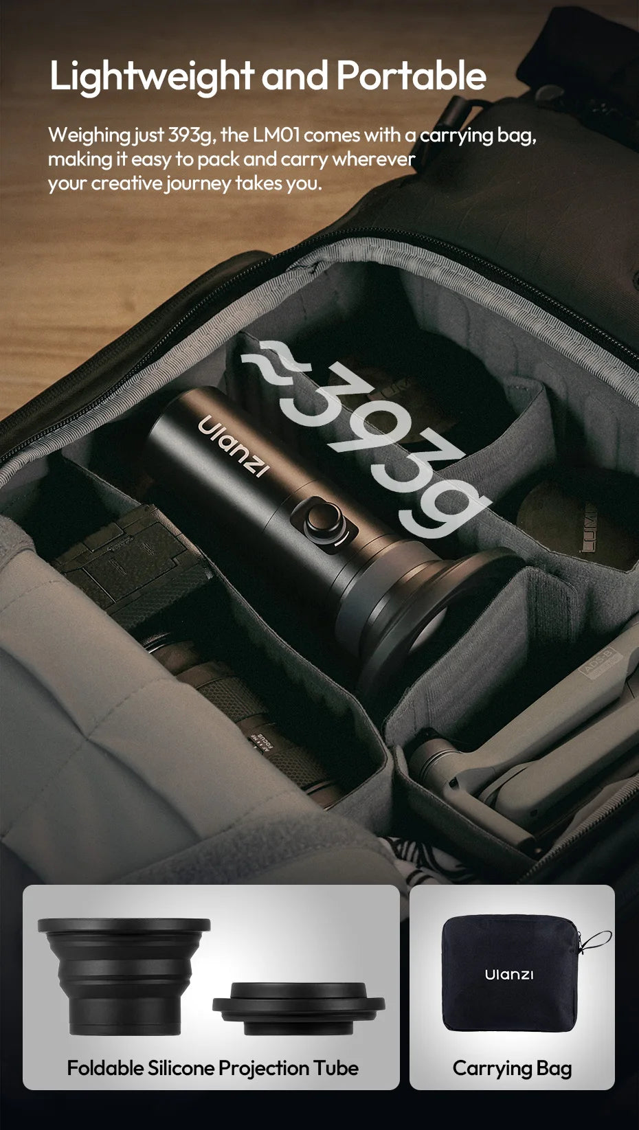 LM01 cylindrical black light inside a camera bag, with a foldable silicone projection tube and a zippered carry bag.