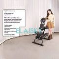 Black foldable massage chair with adjustable cushioned headrest, chest pad, and seat on a sturdy metal frame.