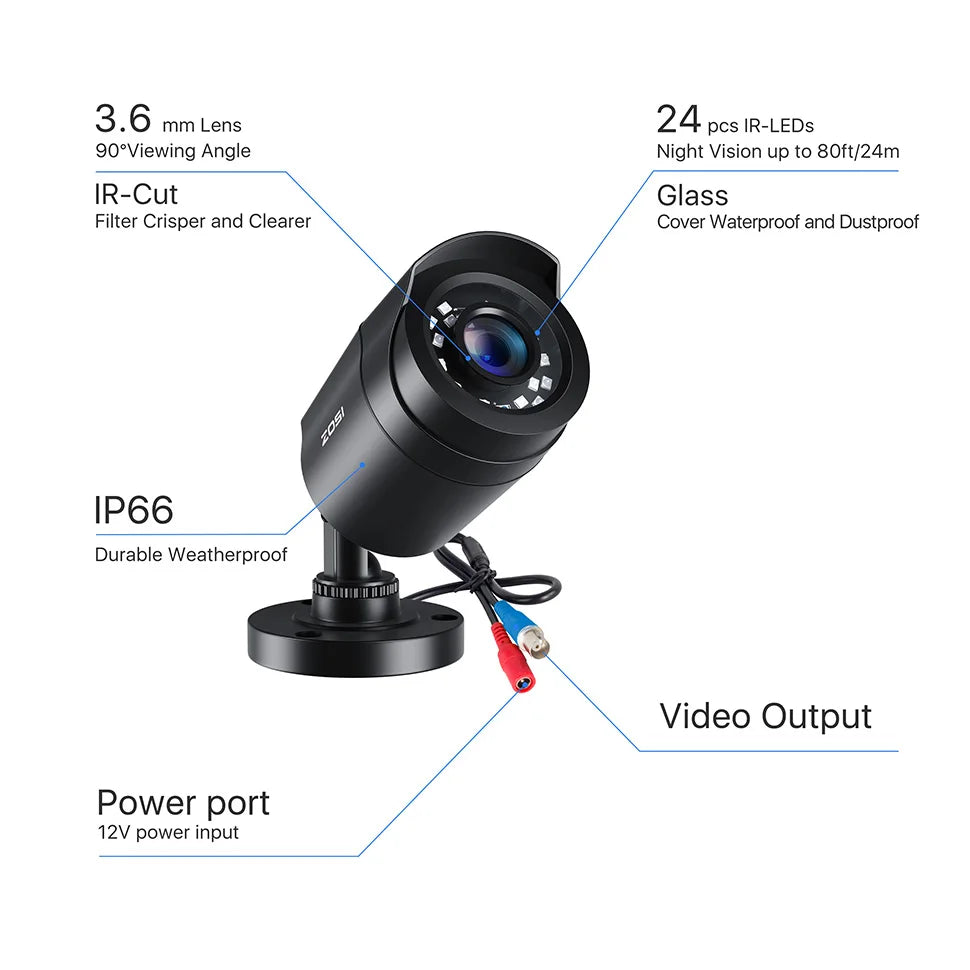 ZOSI 1080P CCTV Security Camera, 80ft Night Vision, 3.6mm Lens 24 IR LEDs, Outdoor Whetherproof Surveillance Camera