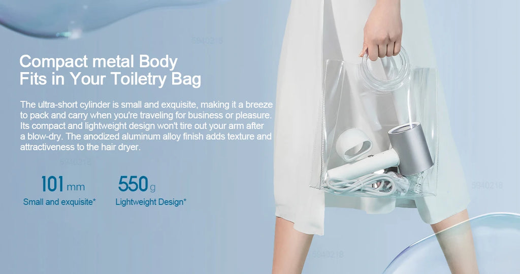 Compact white MIJIA H500 ionic travel hair dryer with silver metal head and magnetic nozzle in a transparent bag.