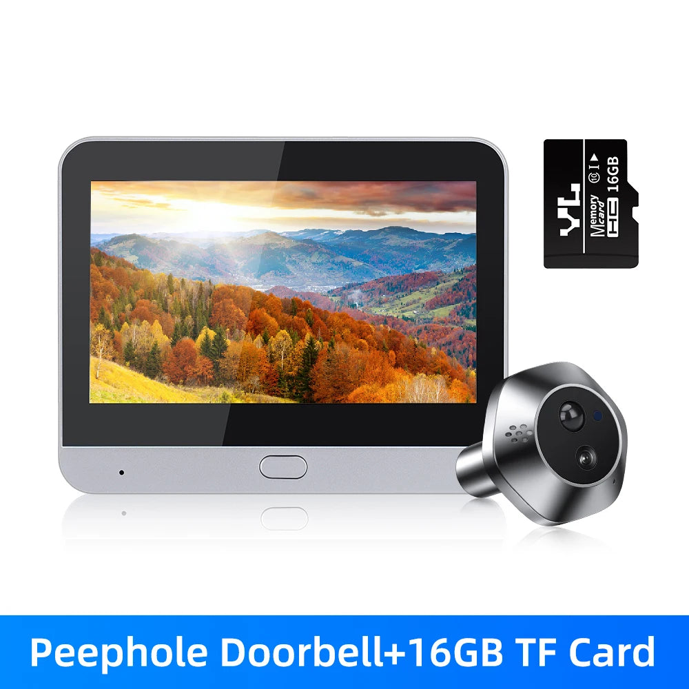 Peephole doorbell with screen and silver camera, with 16GB TF card