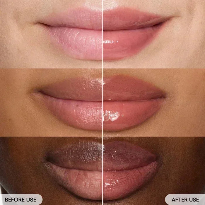 Laneige Honey Donut Lip Glowy Balm before and after showing glossy, hydrated, tinted lips with a smooth finish.