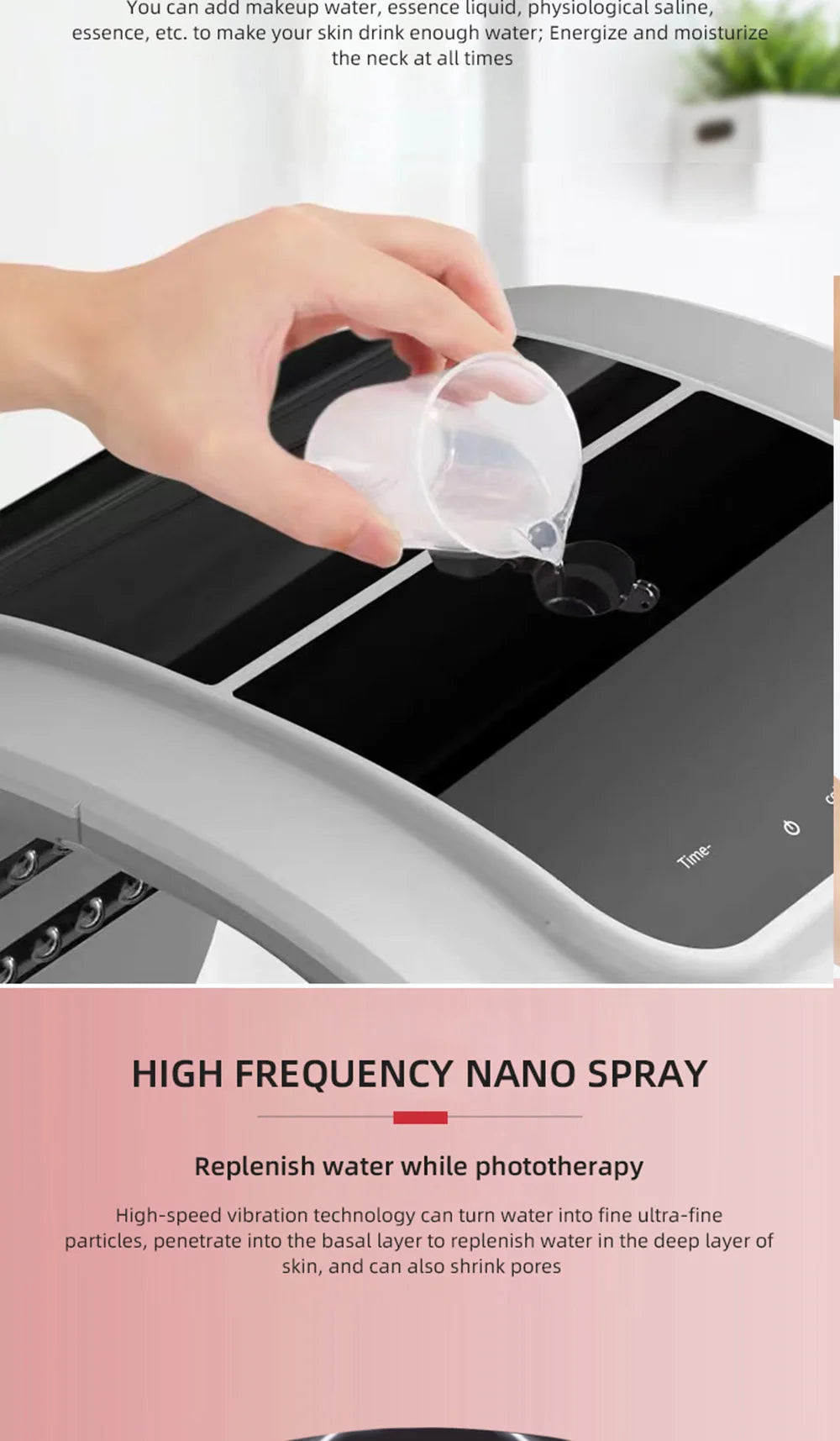 Hand pouring liquid from a small measuring cup into the reservoir of a grey LED skin rejuvenation facial device.