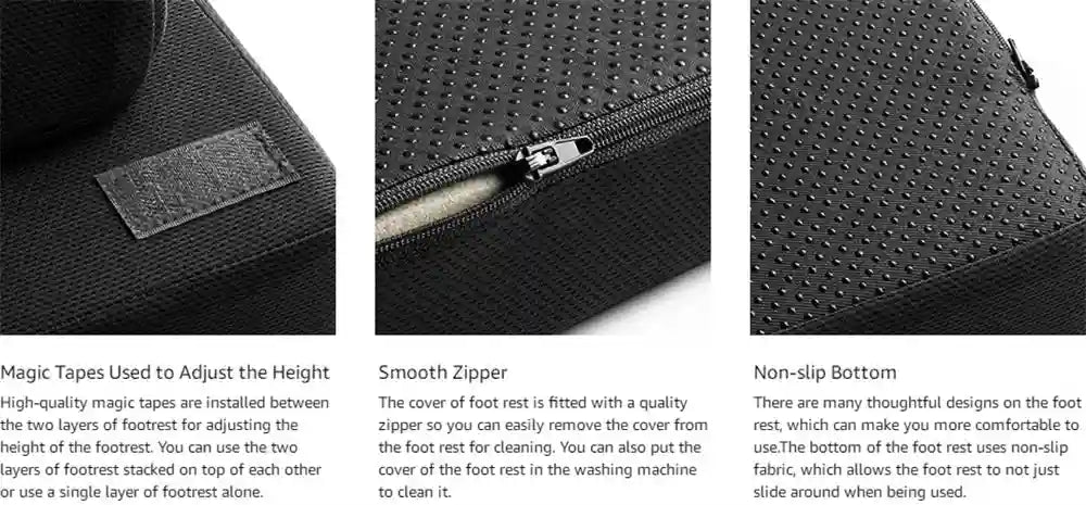 Adjustable black memory foam foot rest features hook-and-loop straps, a smooth zipper, and a non-slip rubber base.