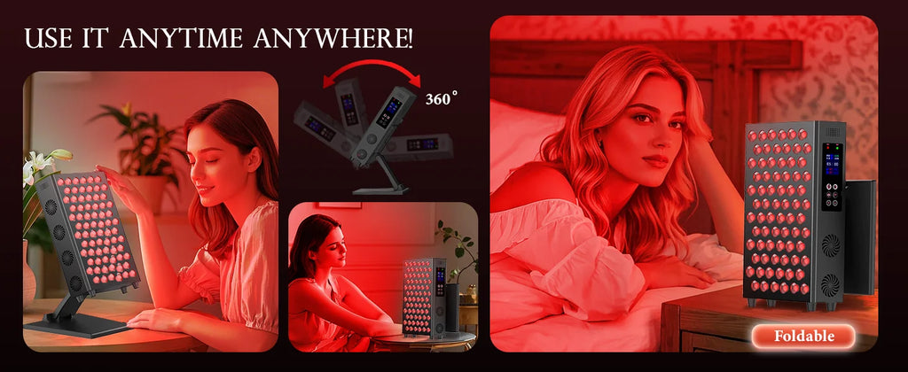 Foldable red light therapy panel for face and body, 660nm 850nm LED infrared device for anti-aging and pain relief.
