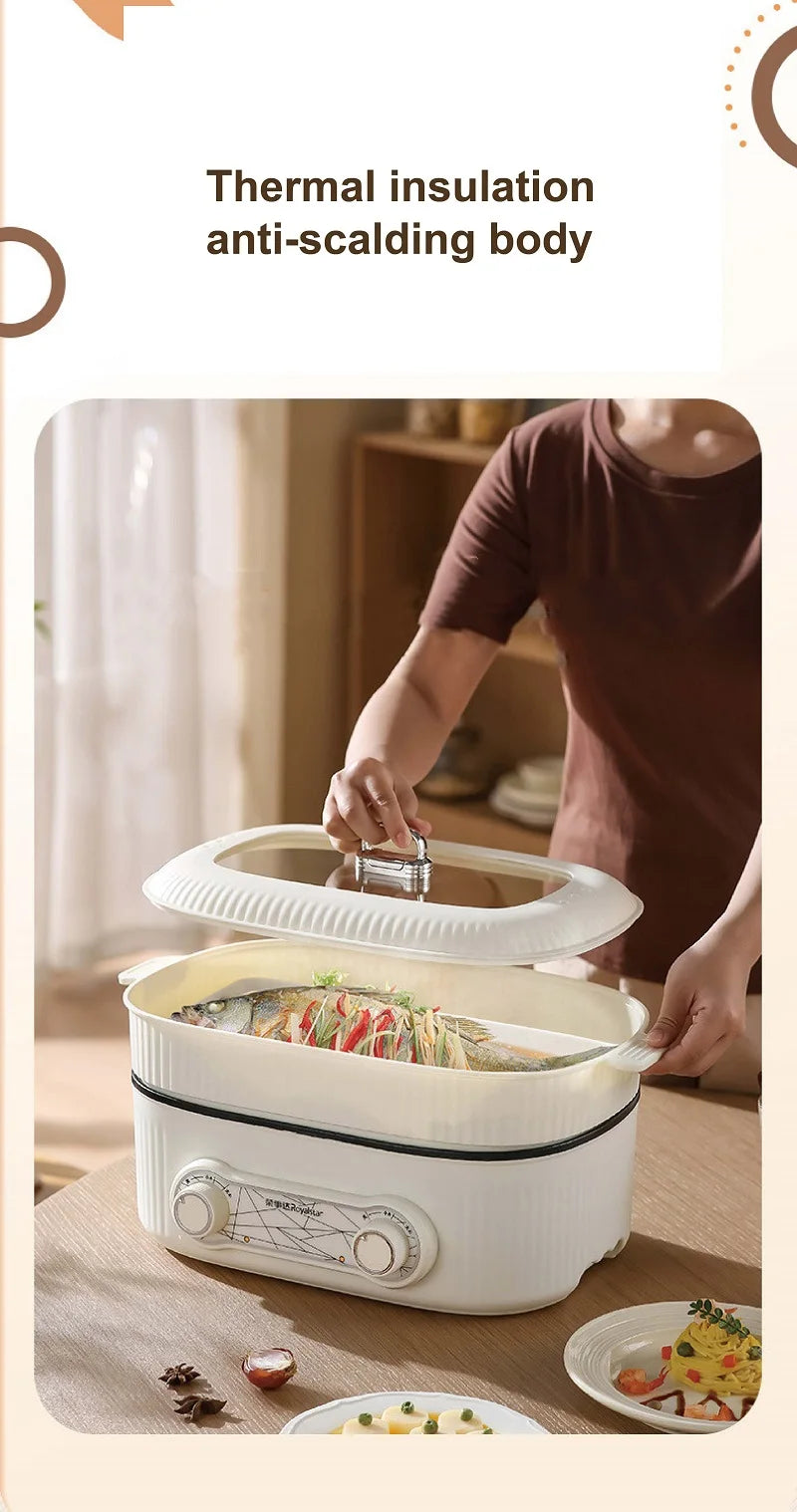 White electric hot pot with lid open, showing inner cooking chamber and handles