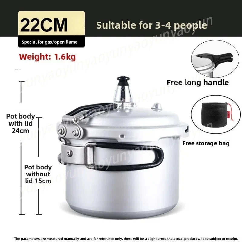 22cm portable pressure cooker with vented lid, side handle and safety valve, silver pot.