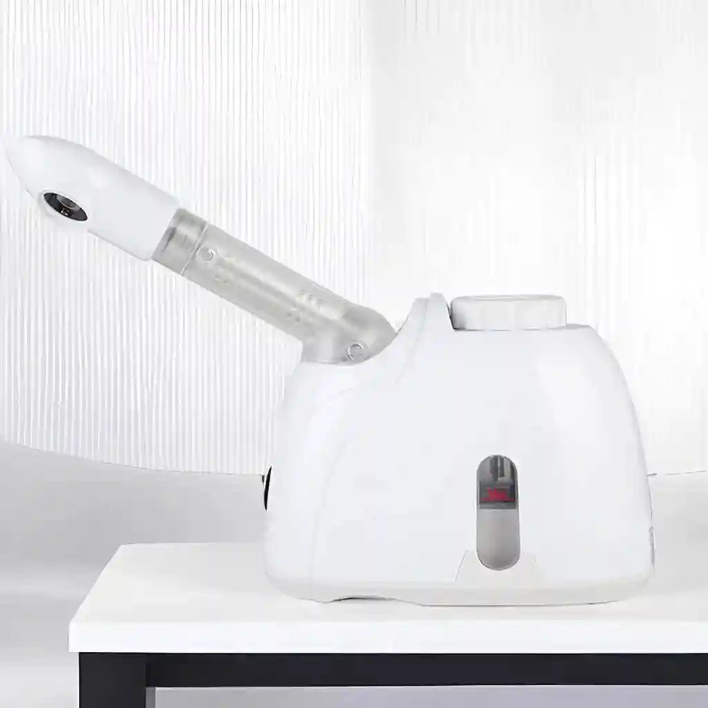 White facial steamer with adjustable nozzle for deep pore cleansing and hydrating skincare at home.