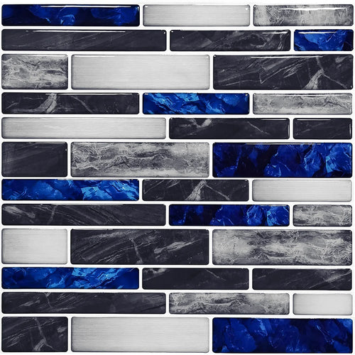 Self-adhesive 3D mosaic tile sticker sheet, dark gray and blue brick pattern