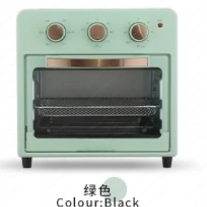 Green air fryer toaster oven combo with three knobs and open dark oven door