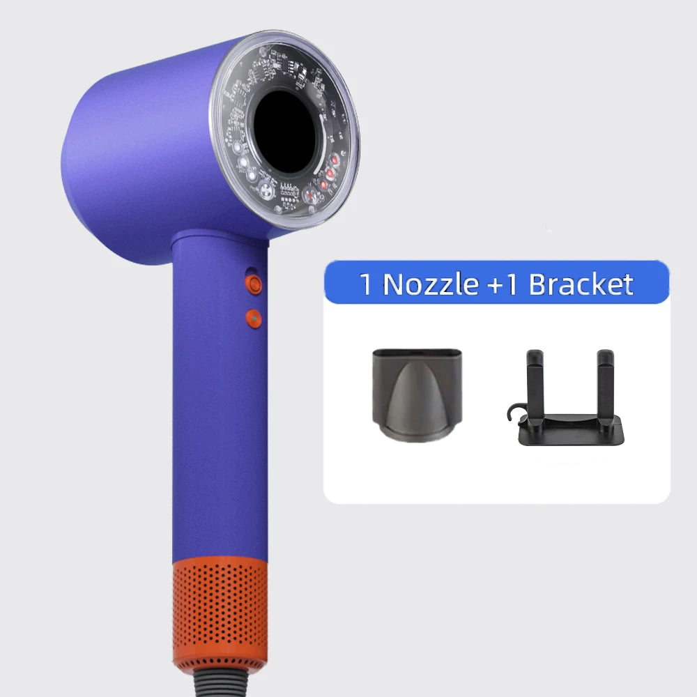 Purple negative ion leafless hair dryer with nozzle and bracket, powerful professional quick-dry electric hairdryer.