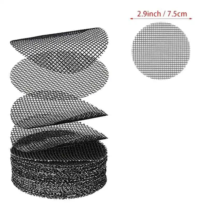 Round black mesh pot drainage screens set, 7.5cm size, stacked circles